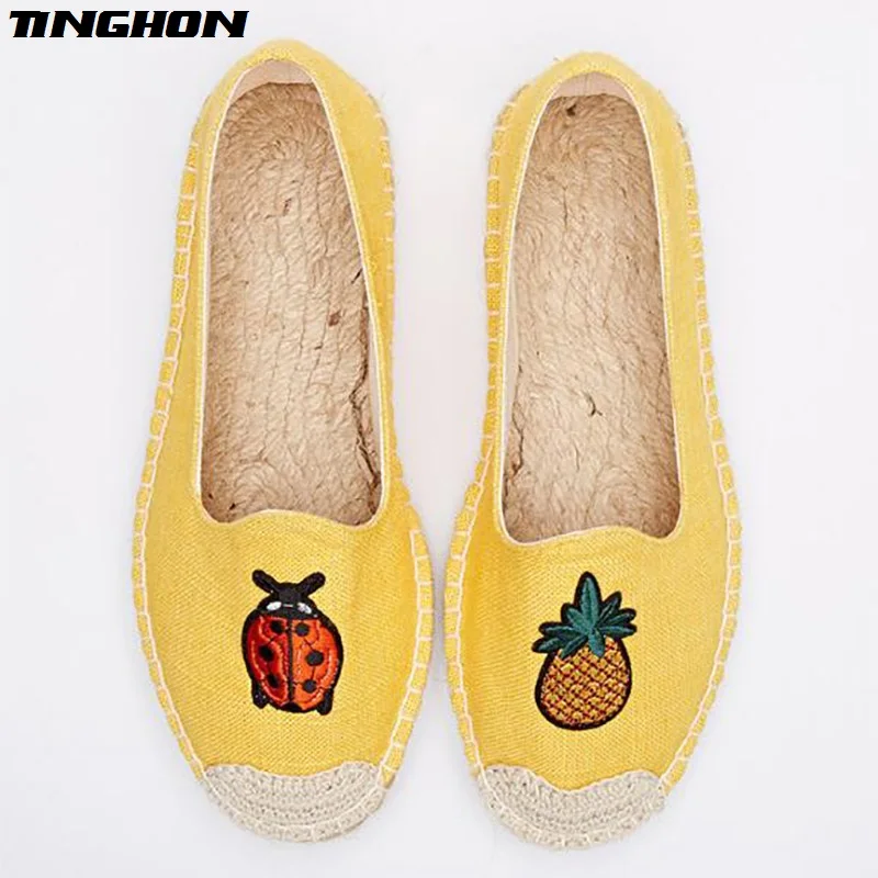 

TINGHON New Women Spring Ethnic Casual Espadrilles Flat Ladybugs pineapple Printed Embroider Slip on Fishermen Hemp Rope Shoes