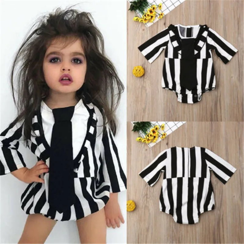 

2Pcs Set Newborn Baby Girl Clothes Long Sleeve Black White Striped Bodysuit with a Necktie arrival Cool Casual Streetwear Outfit