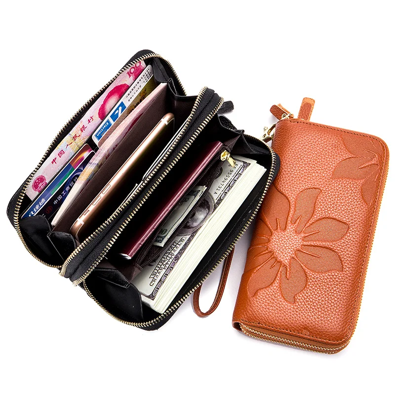 Длинный женский кошелек из натуральной кожи с двойной молнией, кошелек для монет с Цветочным Тиснением, женский кошелек, держатель для карт, клатч DC156