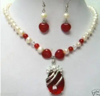 

Prett Lovely Women's Wedding Charming! pearl Red 925 $ CZ Crystal Natural stone gems Luxury Ms. girl Weddin necklace earring Set