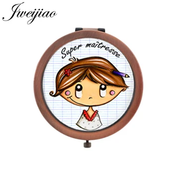 

JWEIJIAO French word metal Round small mirrors for girls Merci Maitresse Decoration Folding Vanity mirror CT319