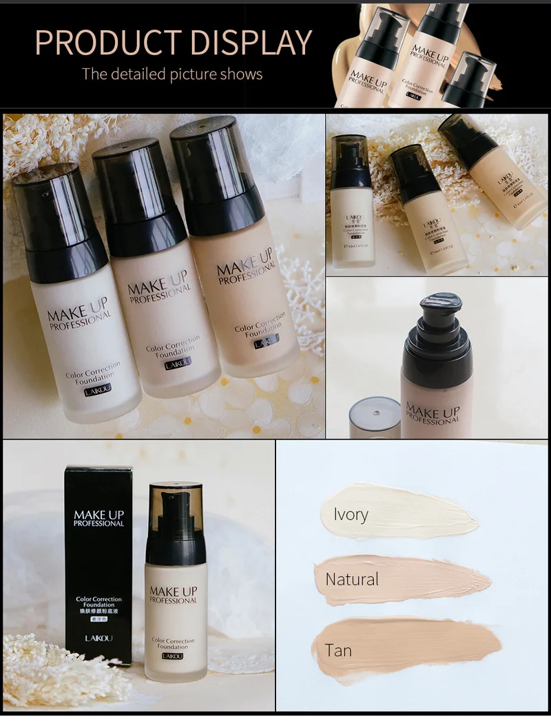 

Laikou Makeup Waterproof Base Face Liquid Foundation BB Cream Concealer Moisturizer Oil-control Whitening Maquiagem 40g TSLM1