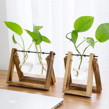 

Transparent Glass Vase Wood Living Room Flower Arrangements Ground-to-Ground Hydroponics Container Dry Flower Jewelry Glass Vase