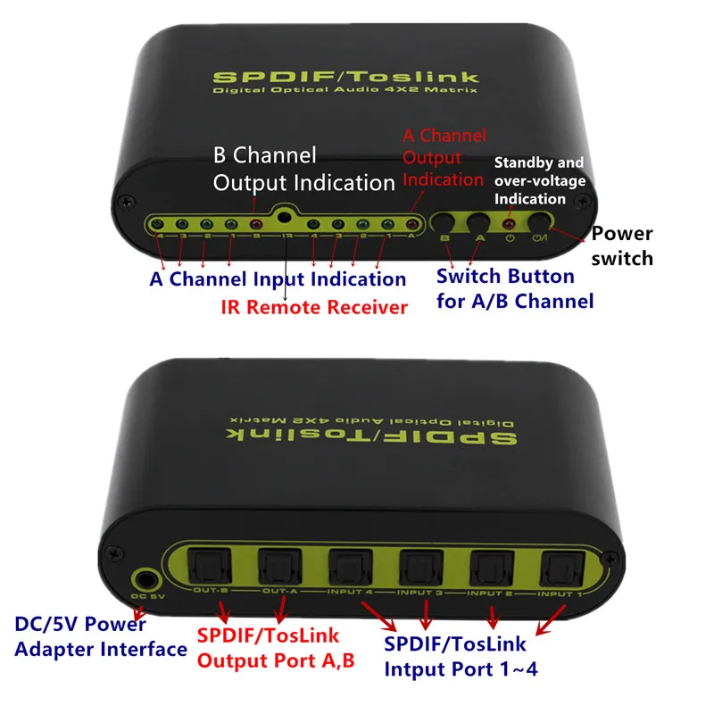T4x2 Matrix Switch Switcher Splitter Adapter SPDIF TOSLINK Digital Optical Audio Remote Control For Player DVD VCD  Free Shipping (4)
