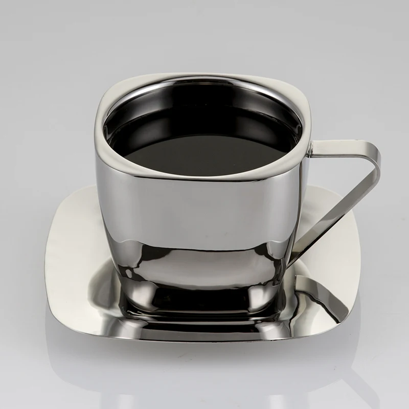 90/150/240ml Stainless Steel Coffee Cup Set Double Anti-hot Insulation Cups Creative Square Tea Cup and Saucer Milk Mug