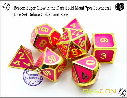 Bescon супер светится в темноте металлические многогранные игральные кости набор золотой и розовый, Светящийся Металлический RPG ролевые игры кости 7 шт. комплект