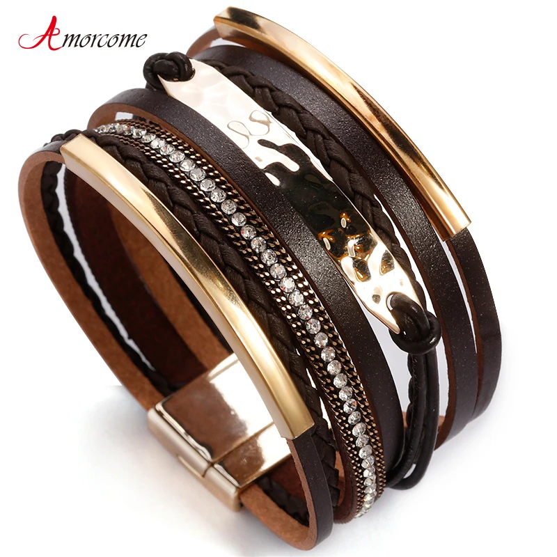 

Amorcome Metal Bar Charm Leather Bracelets For Women Trendy Boho Braided Rope Wide Multilayer Wrap Bracelet Female Jewelry