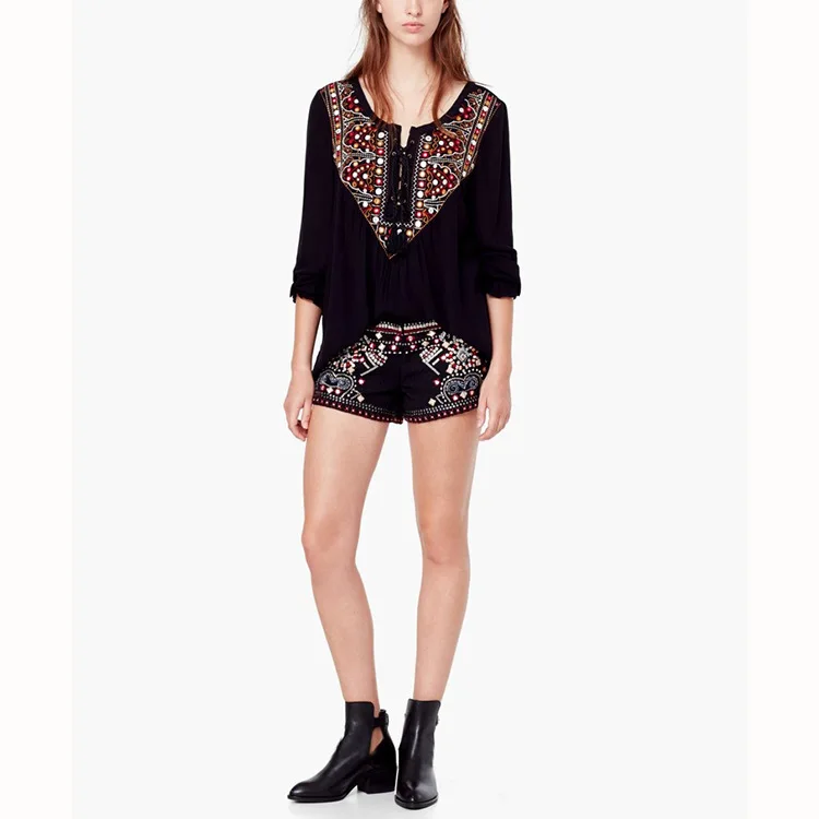 Lady Mexican Blouse Black Long Sleeve Mexican Embroidered