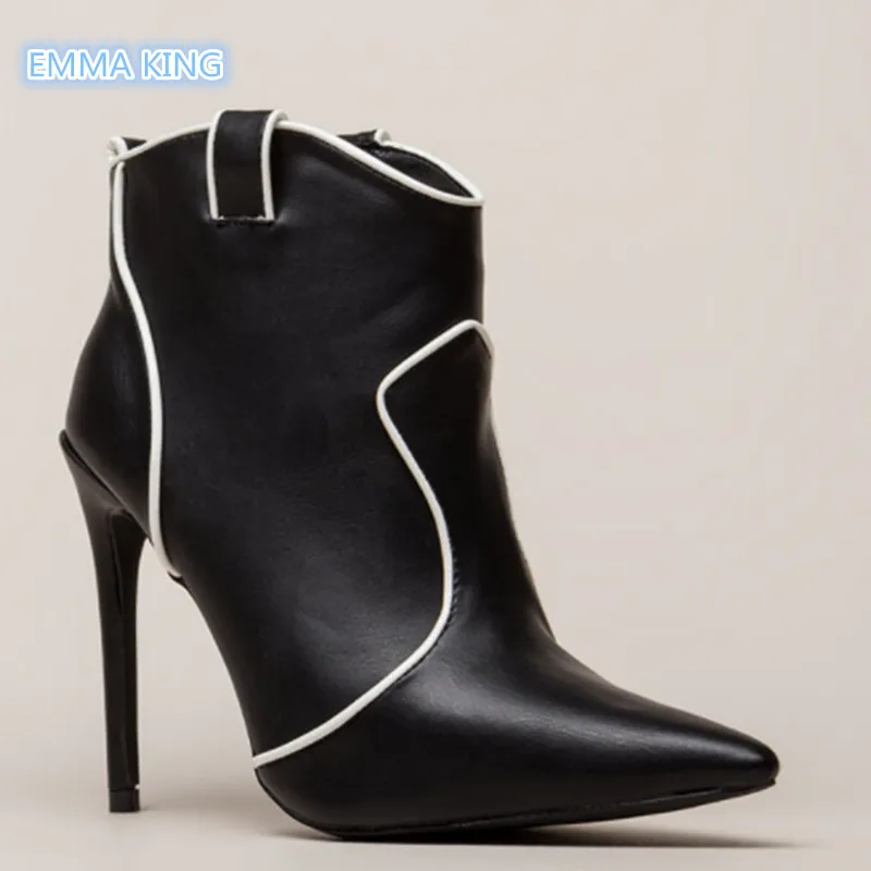 

Spring Black White Patchwork Leather Design Women Ankle Boots Pointed Toe Stilettos Chelsea Boots Slip-On High Heels Shoes Woman