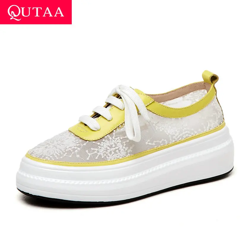 

QUTAA 2019 Women Platform Fashion Lace Up Single Shoes Patchwork Cow Leather Breathable Mesh Spring Summer Sneakers Size 34-40
