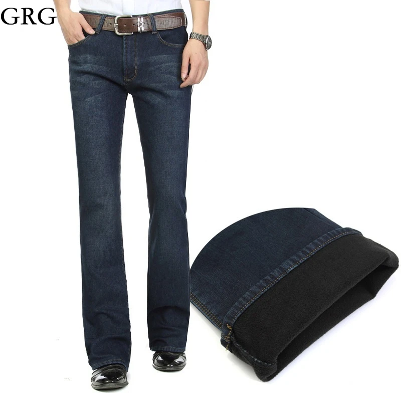 

Free Shipping High Quality Men Winter Worm Fleece Blue Boot Cut Jeans Business Casual Flare Pants Mid Waist velvet Trousers