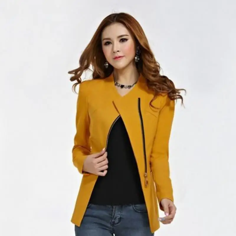 Весенне-осенний Модный женский блейзер с длинным рукавом, пиджак, костюм, повседневное пальто, короткая приталенная верхняя одежда, Блейзер, рабочая одежда - Цвет: Цвет: желтый