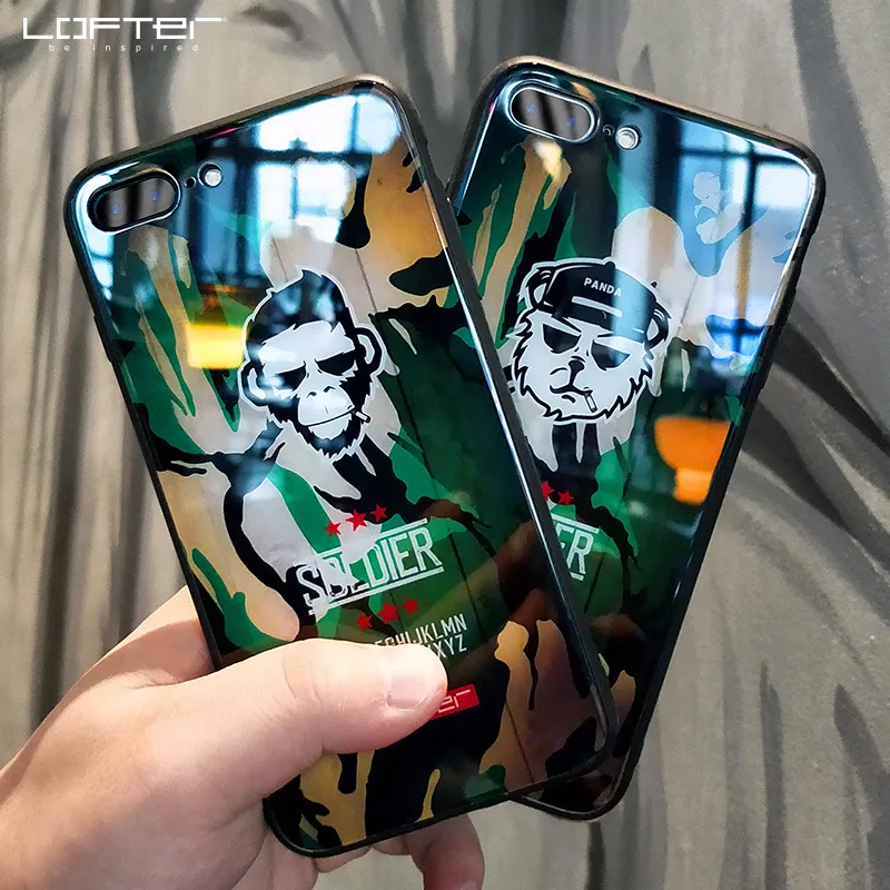 

Lofter Camouflage Phone Case for iPhone 7 8 7 Plus 8 Plus Slim Tempered Glass Back Cover Personality Fashion Coque Capinha Funda