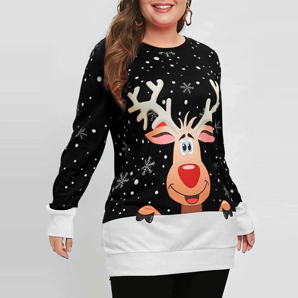 

2019 Fashion Women Black Sweatshirt Merry Christmas Snowflake Elk Printed Top O-Neck Pullover Blouse L0724