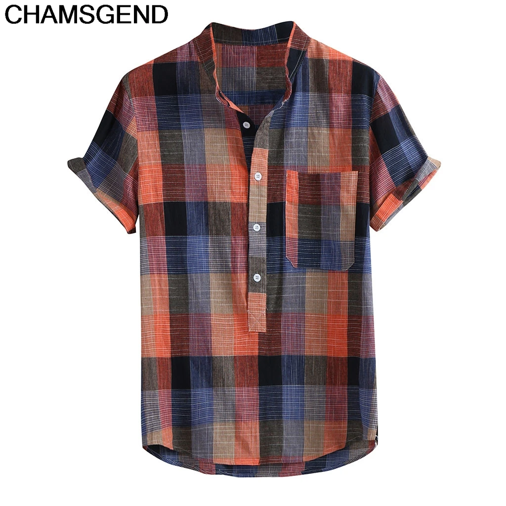 

CHAMSGEND Shirt Fashion Summer Men's Button Hawaii Plaid Loose Shirt With Pocket Male Top Blouse Beach Shirts Plus Size 25JULY18