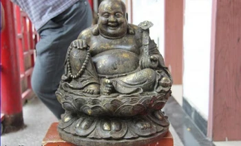 

USPS to USA S0677 China Temple Bronze Copper Hold Ruyi Happy Laughter Maitreya Buddha Mile Statue