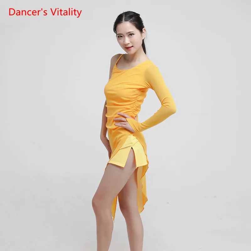 Профессиональное женское платье для латинских танцев с асимметричной спинкой, платье на бретельках для женских бальных танцев, одежда для тренировок - Цвет: Цвет: желтый