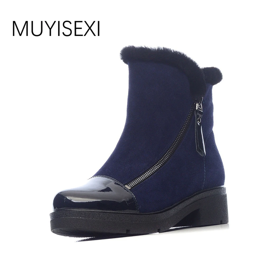 

Snow Boots Blue Women Sheepskin Suede Booties Women Winter Boots Platform Low Square Heel Wool Fur Zipper Boots LID006 MUYISEXI