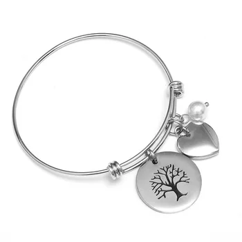 

10PCS/Lot Female Fashion Jewelry Silver Adjustable Heart Bangles Bracelets Stainless Steel Tree of Life Bangle with Pearl