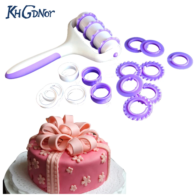 

KHGDNOR Fondant Cake Strip Ribbon Roller Cutter Cake Decoration Mold Silicone Rolling Pin Embosser Roller Set Baking Tools