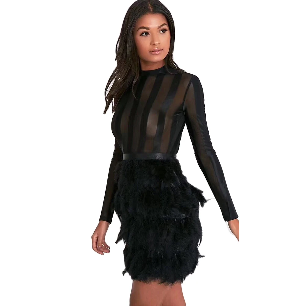 

2019 New Long Sleeve Mesh Feather Bodycon Sexy Evening Party Bandage Dress Wholesale