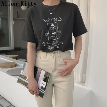 

Alien Kitty Cute Sweet Casual O-Neck Fresh Short Sleeve Print Cartoon All Match New Style Summer Loose Simple T-shirt 3 Colors