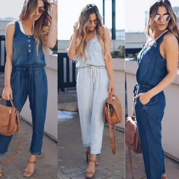 

Women's Fashion Jumpsuit Casual Pants Women Jeans Denim Jumpsuits Long Button Female Top