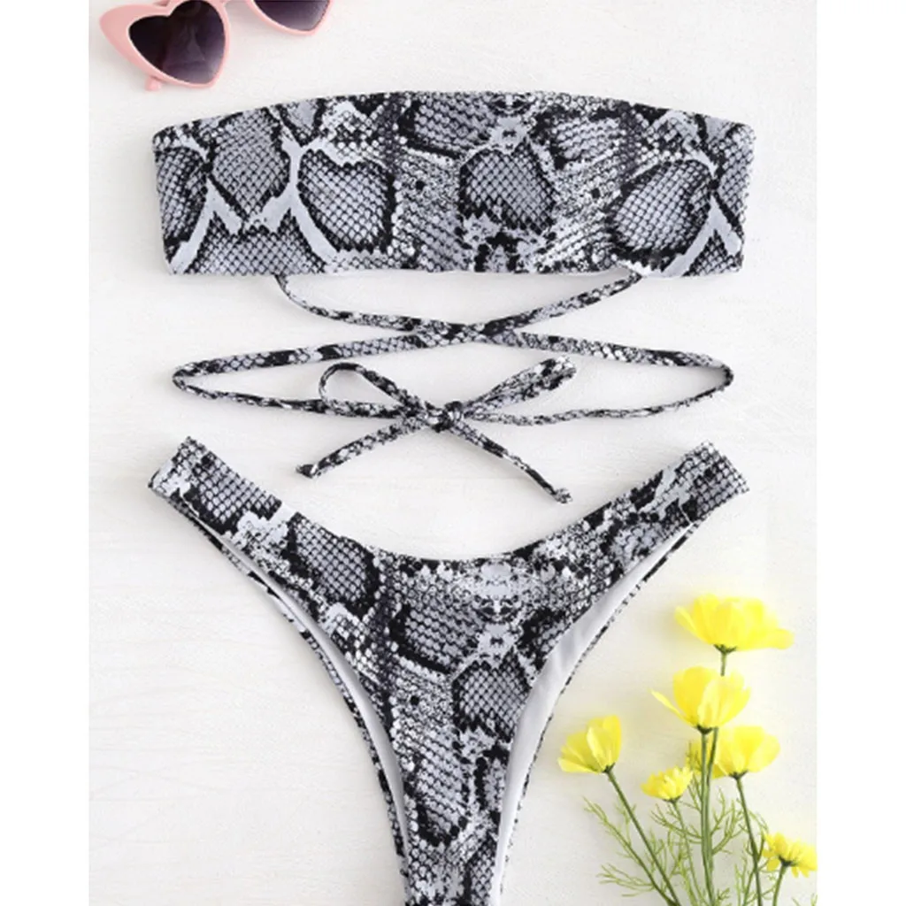 

Sexy Bikini Women 2019 Summer Brazilian Swimsuit Off Shoulder Snack Print Bikini Set Backless Bandage Mini Beach Girls Bikinis
