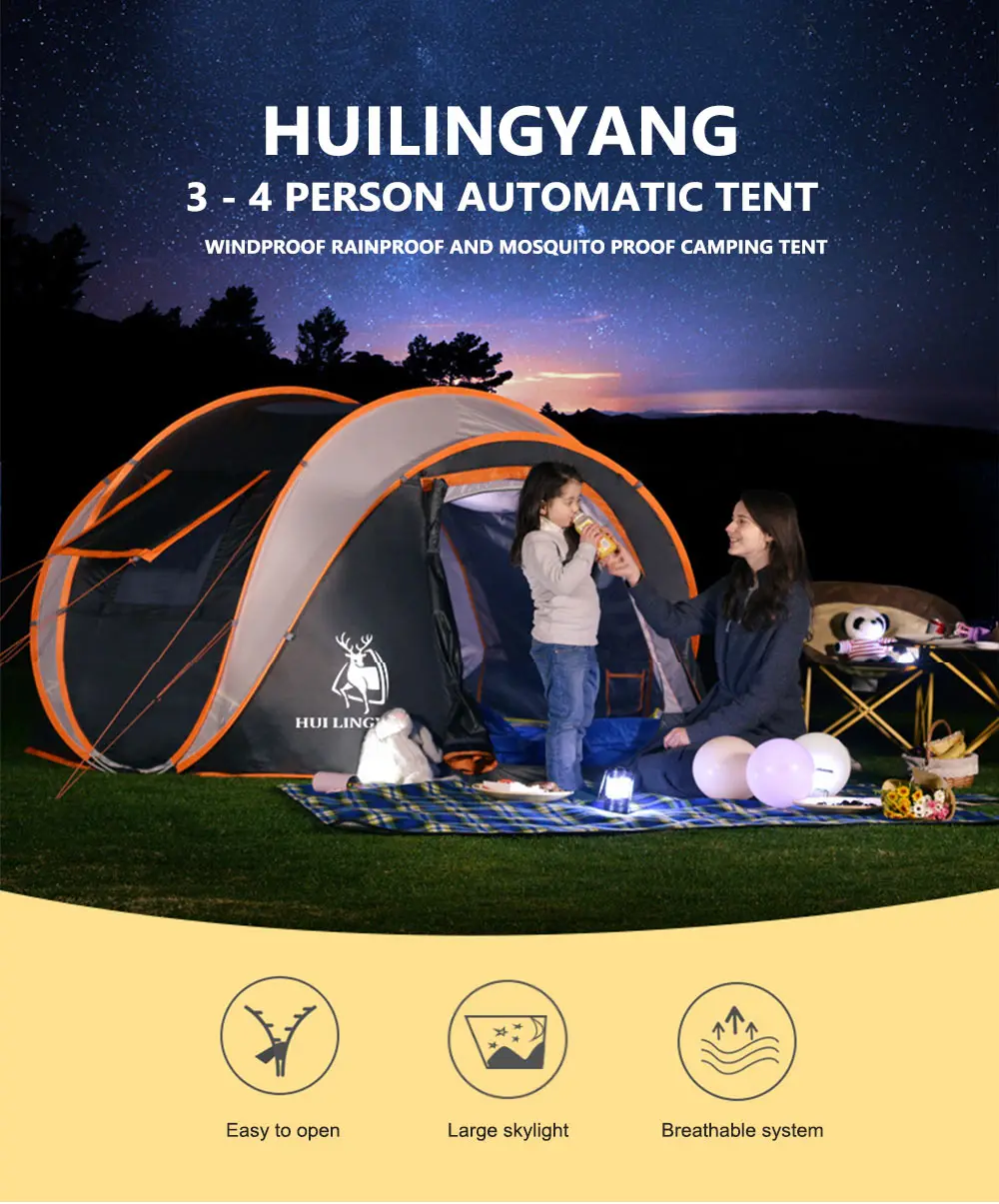 Двухслойные наружные палатки HUILINGYANG для 3-4 человек, автоматическая палатка с одной спальней, ветрозащитные непромокаемые палатки для кемпинга, четырехсезонные палатки