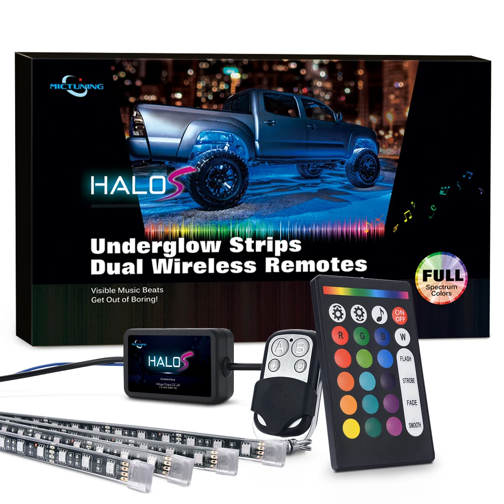 

4Pcs Car Undercar Glow LED light Underglow Atmosphere Bar Lights Kit Strip Waterproof 7 Color with Sound Active APP Controller