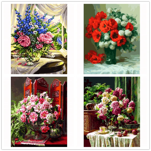 Buy Red rose flower oil painting by numbers diy