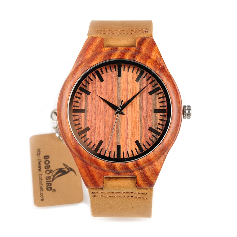 BOBO BIRD Men Watch Top Brand Design Red Wooden Mens Quartz Watches Genuine Leather Band Men's Gift Drop Shipping Accept Logo