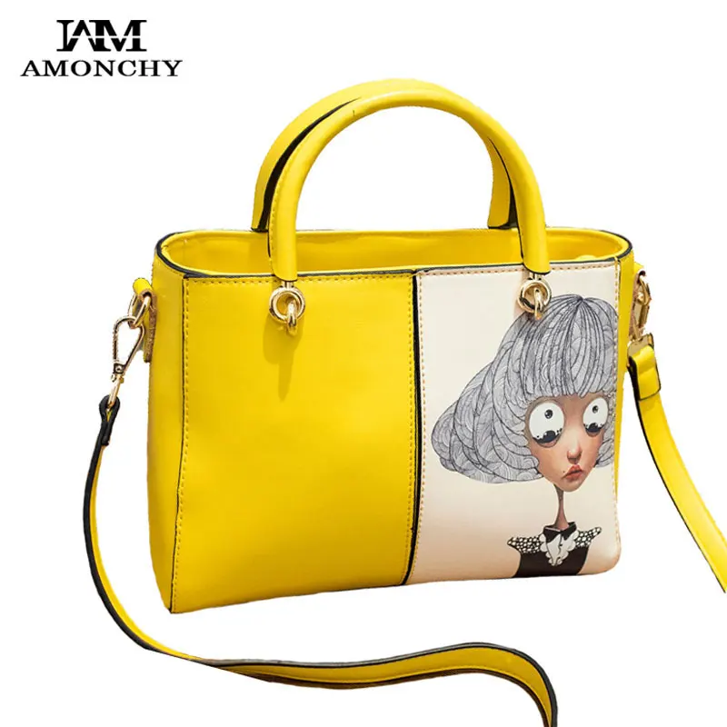 

2016 Summer Fashion Patchwork Women Bags Genuine Leather Women Handbags Cartoon Pattern Lady Tote Casual Shoulder Bag Bolsas S06