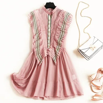 

Korean Europe 2019 Summer Fashion England Stand Collar Button Pink Pleated Ruffles Plus Size Streetwear Women Chiffon Dresss