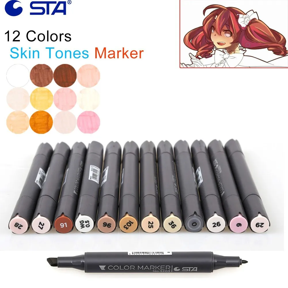 

STA 12 Colors SkinTones Art Marker Alcohol Based Sketch Markers Brush Pen For Drawing Manga Design Set Artist Supplies