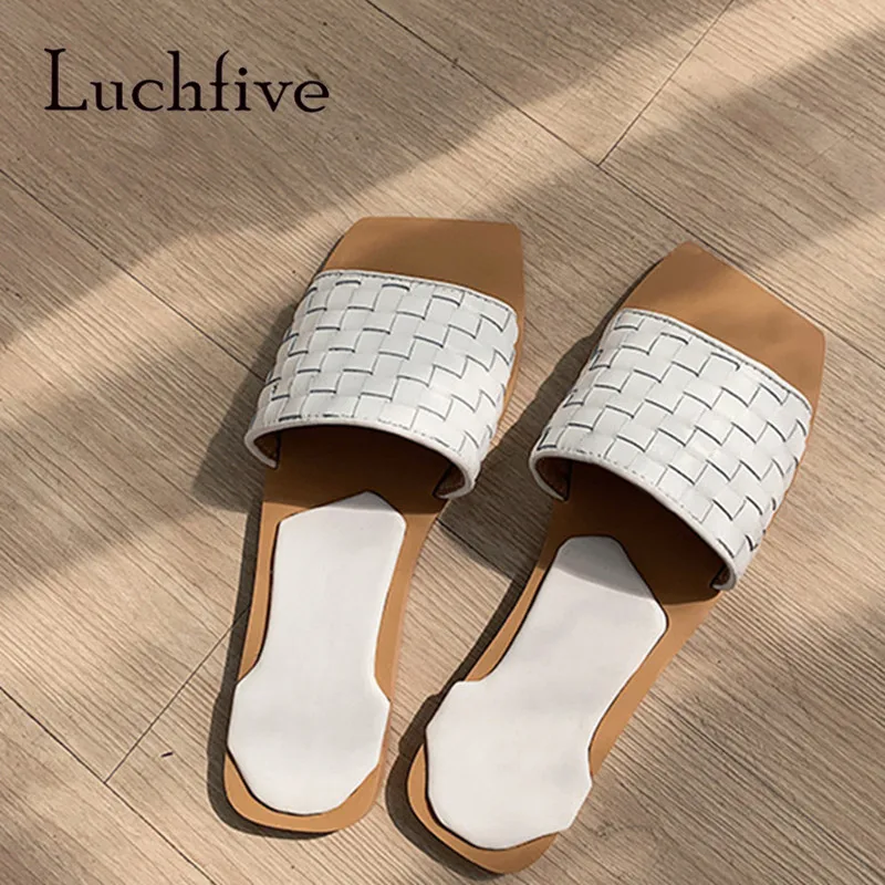

Square Toe Leather Sole Flat Slippers White Crochet Leather Summer Beach Shoes Women