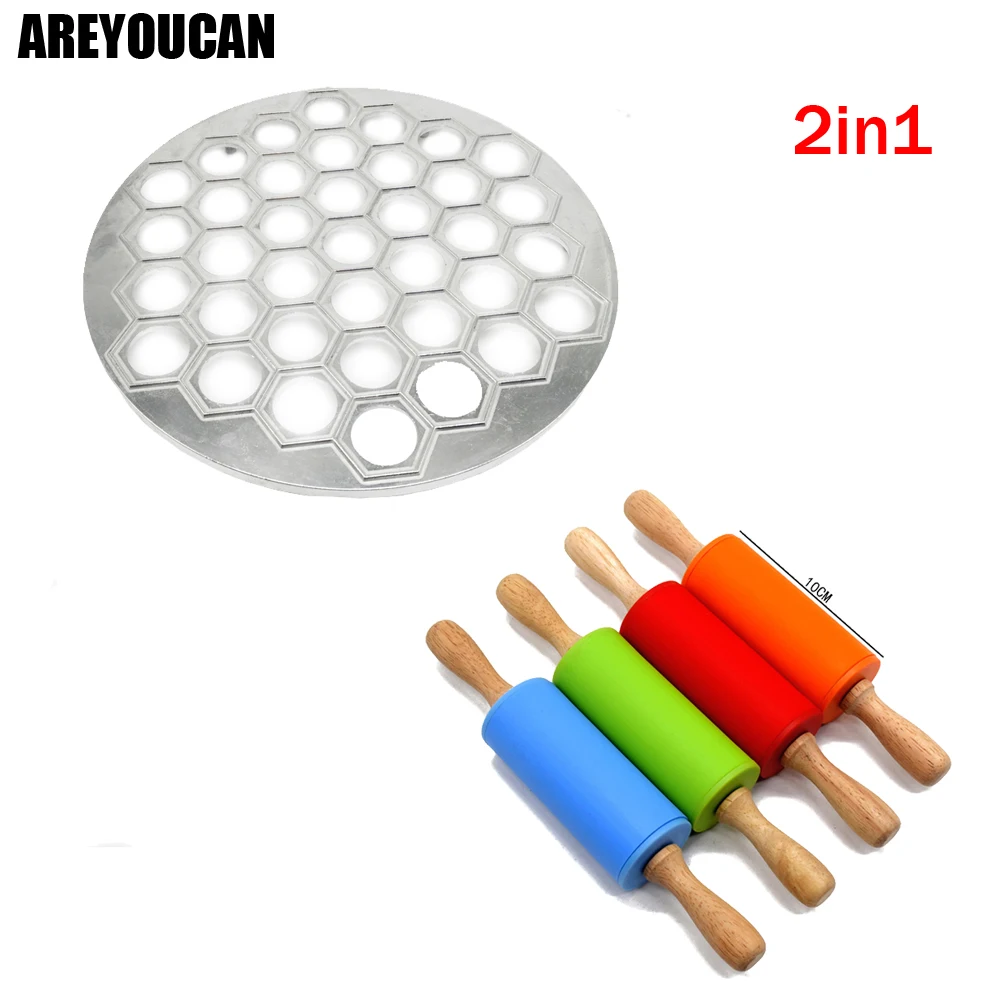 4 Colors Wood Handle Rolling Pin Silicone Rolling Pins 7 Holes Ravioli