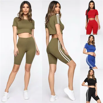 

HIRIGIN 2PCS Women Summer Tracksuit Jogging Crop Tops Tee Beach Skinny Shorts Suit