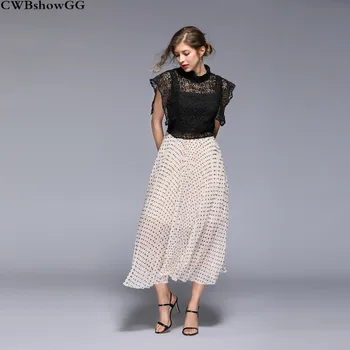 

CWBshowGG Summer New Lace Patchwork Polka Dot Print Waist Slim Pleated Chiffon Short Sleeve Stand Collar Fashion Long Dress