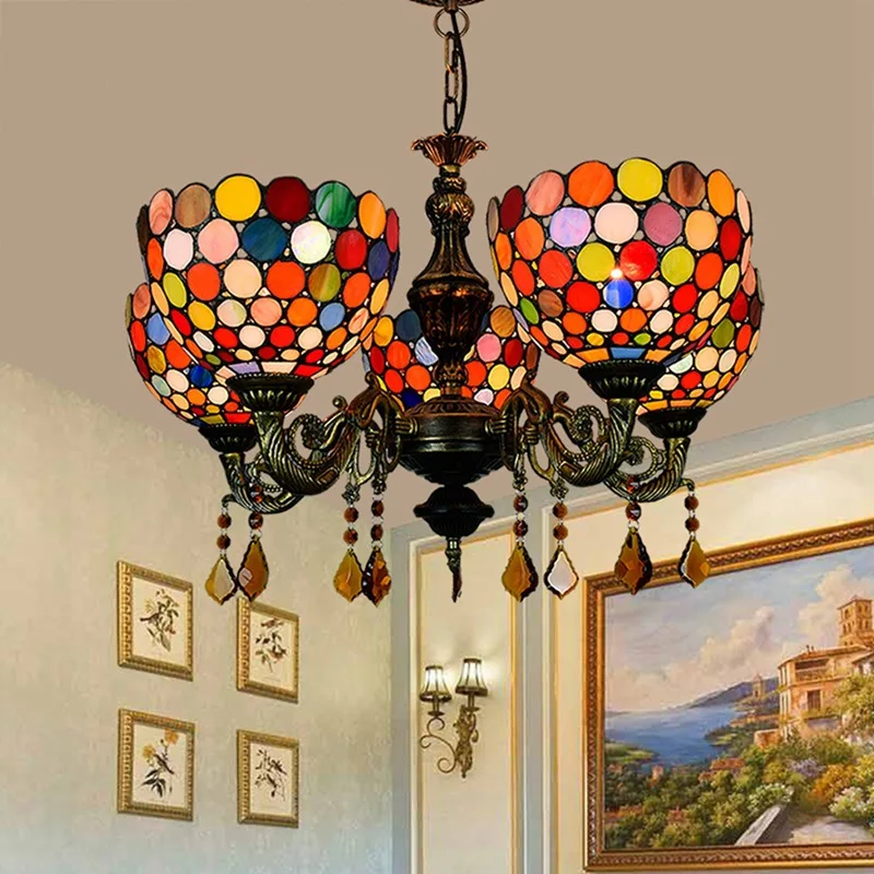 

European and American retro Tiffany stained glass bar restaurant living room lamp Bohemia 5 hanging lights