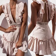 Embroidery Ice Cream Color Dress Women Ruffle Sleeve High Waist Lace Folds Short Dress Keyhole Back Casual Dress Female Vestidos Embroidery Ice Cream Color Dress Women Ruffle Sleeve High Waist Lace Folds Short Dress Keyhole Back Casual Dress Female Vestidos