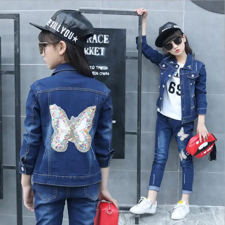 

2017 Spring Pattern Children's Garment Girl Children Paillette Three-piece Cowboy Suit Kids Clothing Sets Casual Jacket 4-13T
