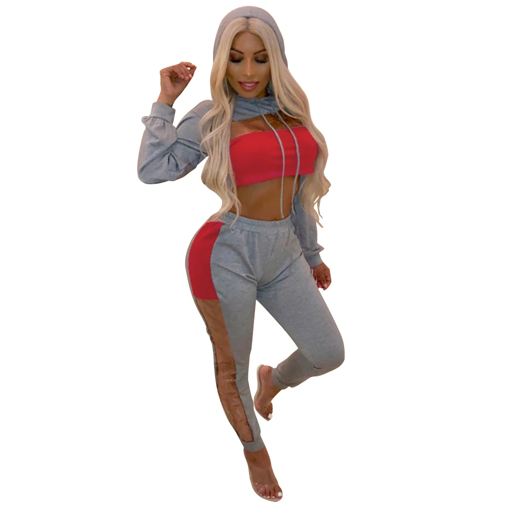 Adogirl Women 2 pcs clothes Splicing Perspective Tops Casual Tracksuit For Women Long Sleeve Sweatshirt Side Stripe Hooded Adogirl Women 2 pcs clothes Splicing Perspective Tops Casual Tracksuit For Women Long Sleeve Sweatshirt Side Stripe Hooded