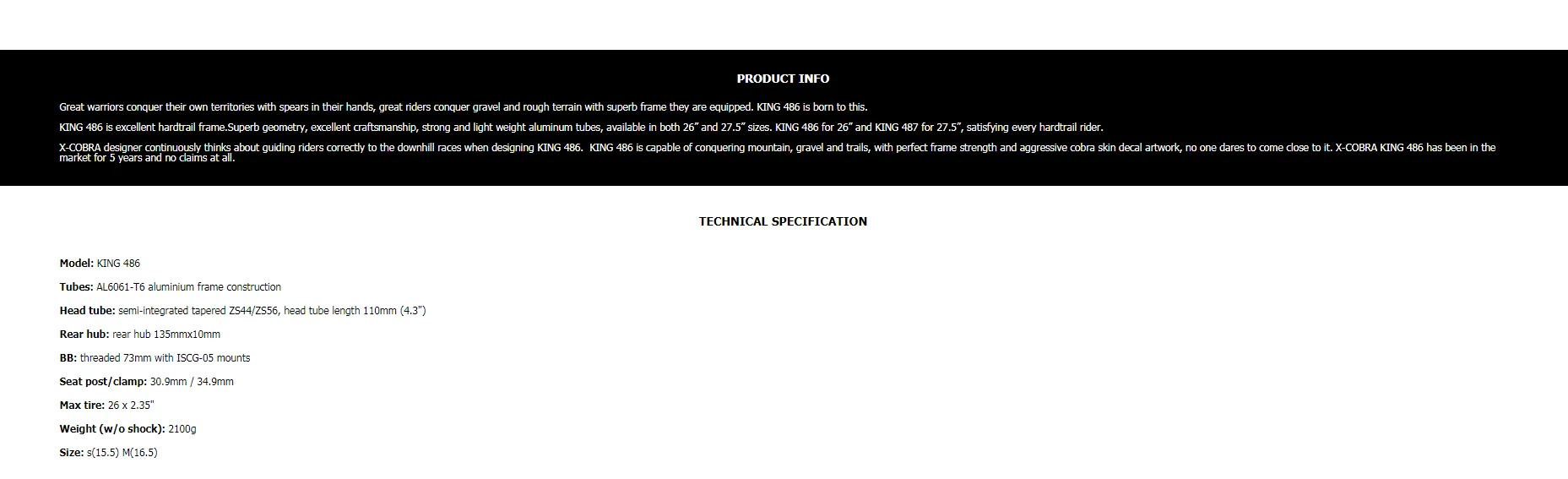 Top x-cobra KING 486 AL6061-T6 aluminium frame construction Bicycle Frame Mountain Bikes 1