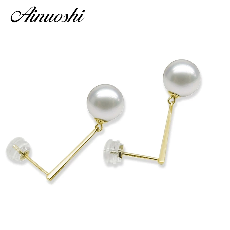 

AINUOSHI Luxury Princess Natural Freshwater White Pearl Round Pearl Drop Earrings 18K Yellow Gold Lady Wedding Drop Earrings