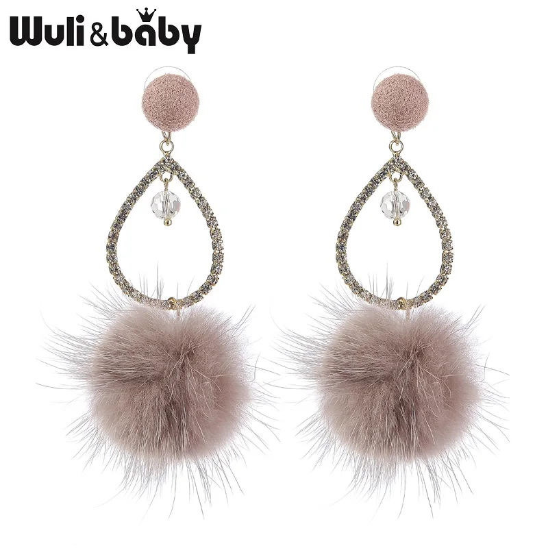 

Wuli&baby Sparkling Rhinestone Water Drop Feather Ball Drop Earrings For Women Winter New Design Earrings
