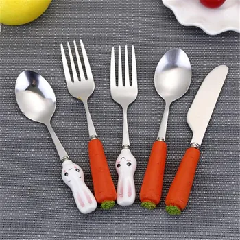 

Cute Cartoon Western food Tablewares Infant Food Feeding Tableware Baby Stainless Steel Spoon knife fork Dinnerware