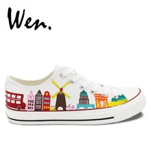 Вэнь оригинальные окрашены вручную повседневная обувь дизайн путешествия по всему миру известные города ориентиры низкий верх парусиновые кроссовки