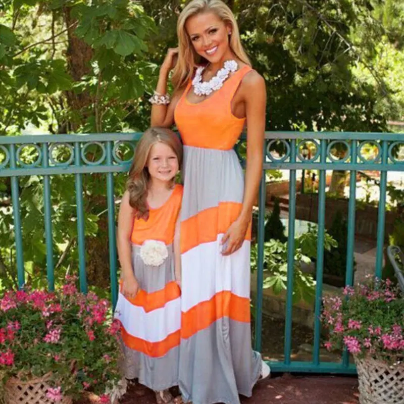 Платья «Мама и я»; коллекция года; одежда для мамы и дочки в полоску для мамы и дочки; богемное розовое платье без рукавов для мамы и дочки - Цвет: orange