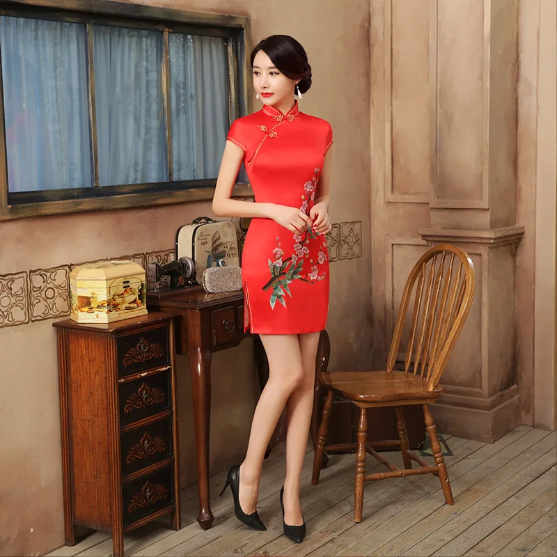 Hot Sale Red Satin Handmade Button Mandarin Collar Cheongsam Chinese 